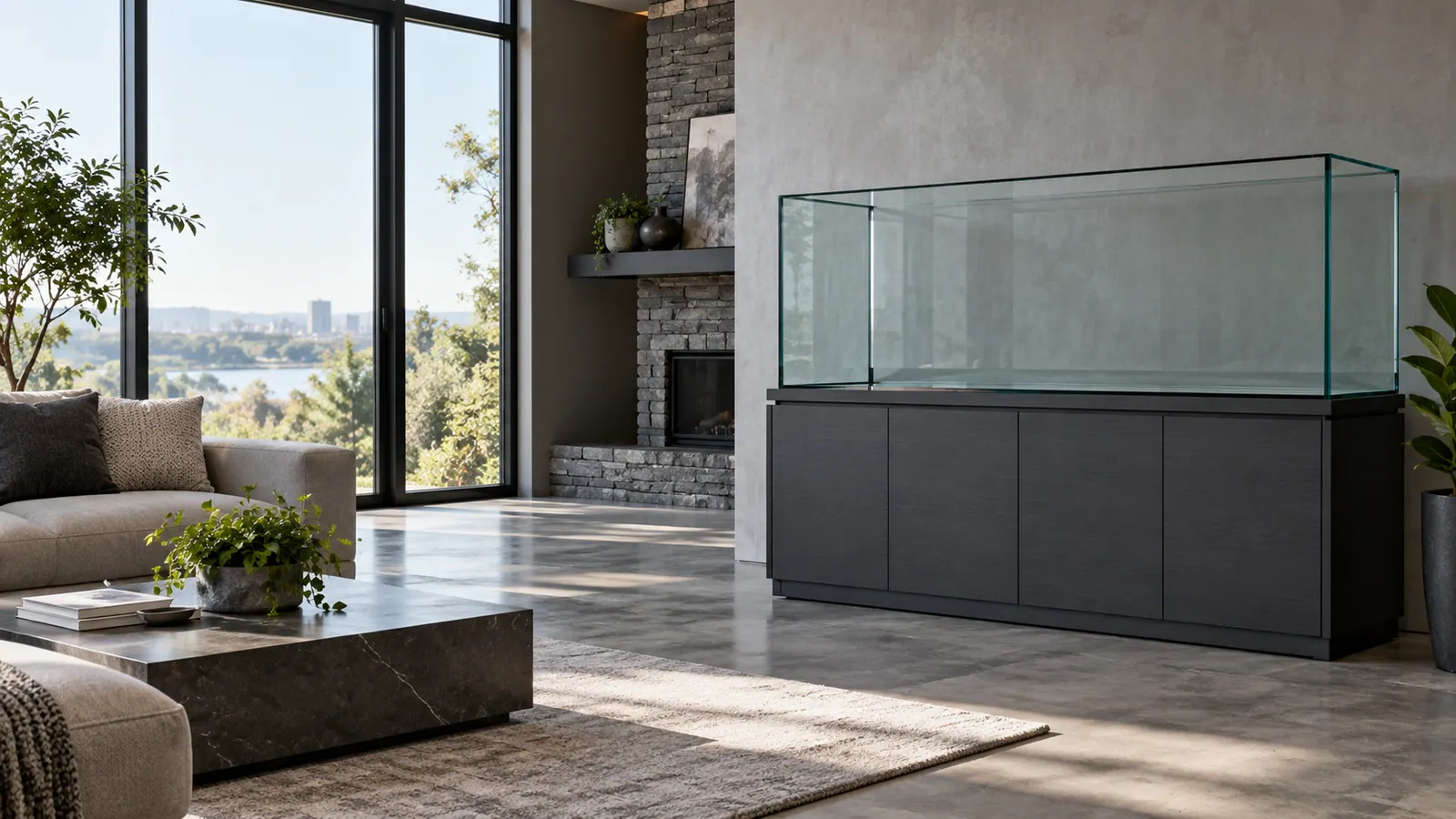 Empty glass aquarium on its stand