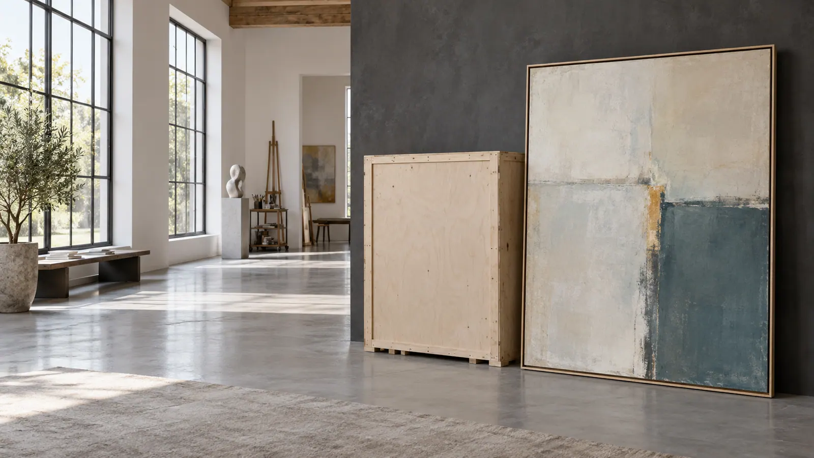 Large framed artwork in an art studio