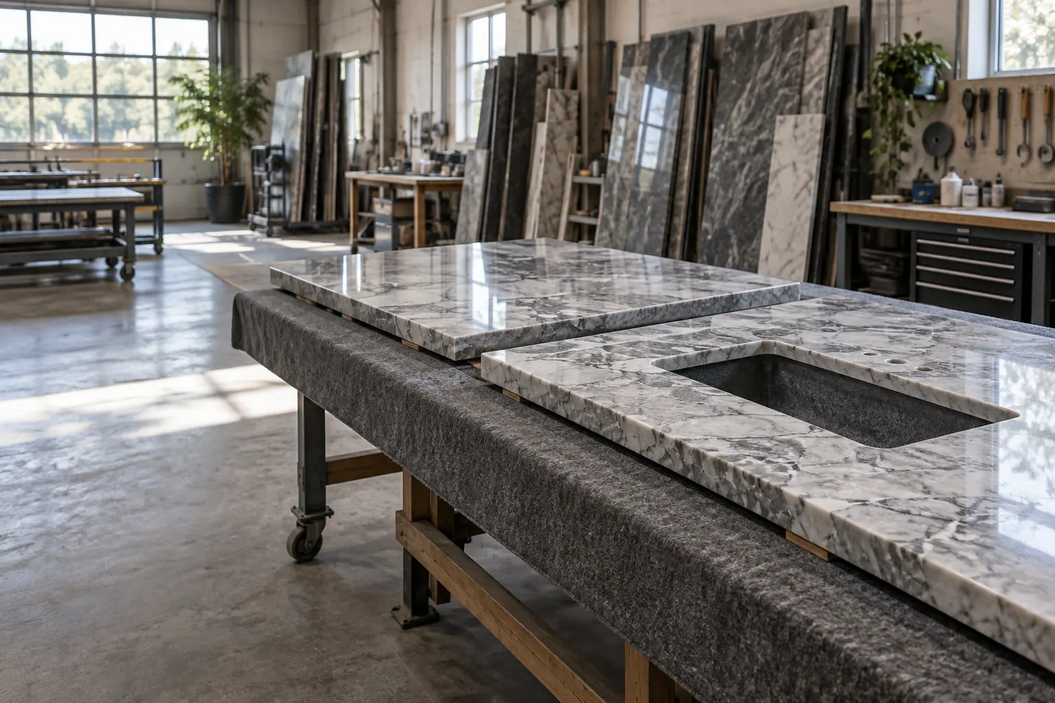 Prepared countertop sections on a workbench