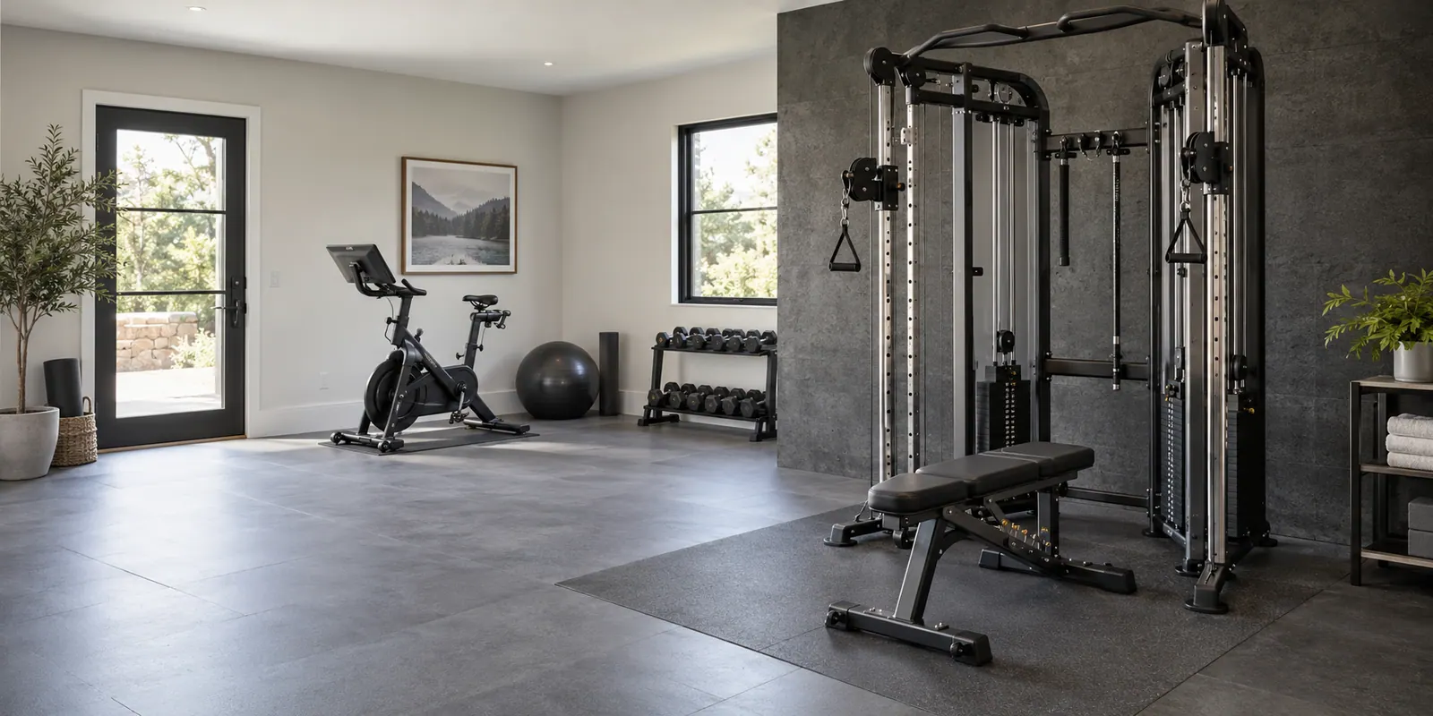 Fitness equipment arranged in a home gym
