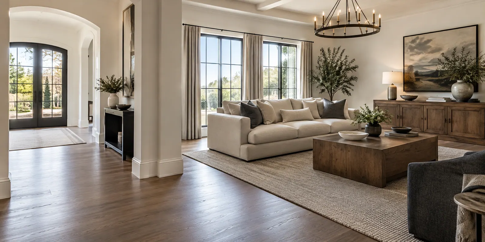 Oversized sofa and sideboard in a room
