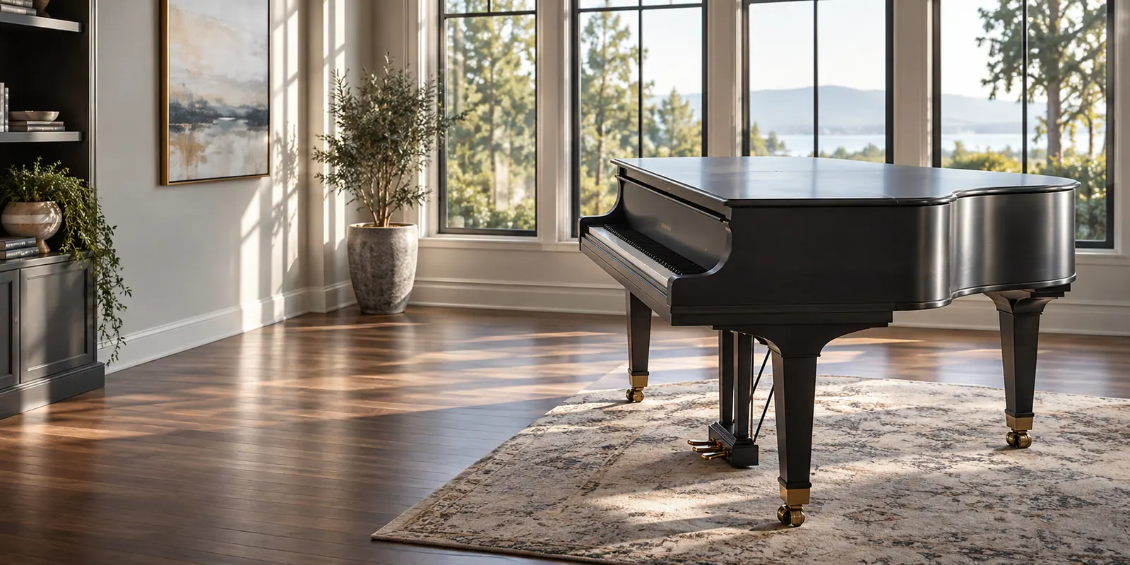 Baby grand piano in a music room