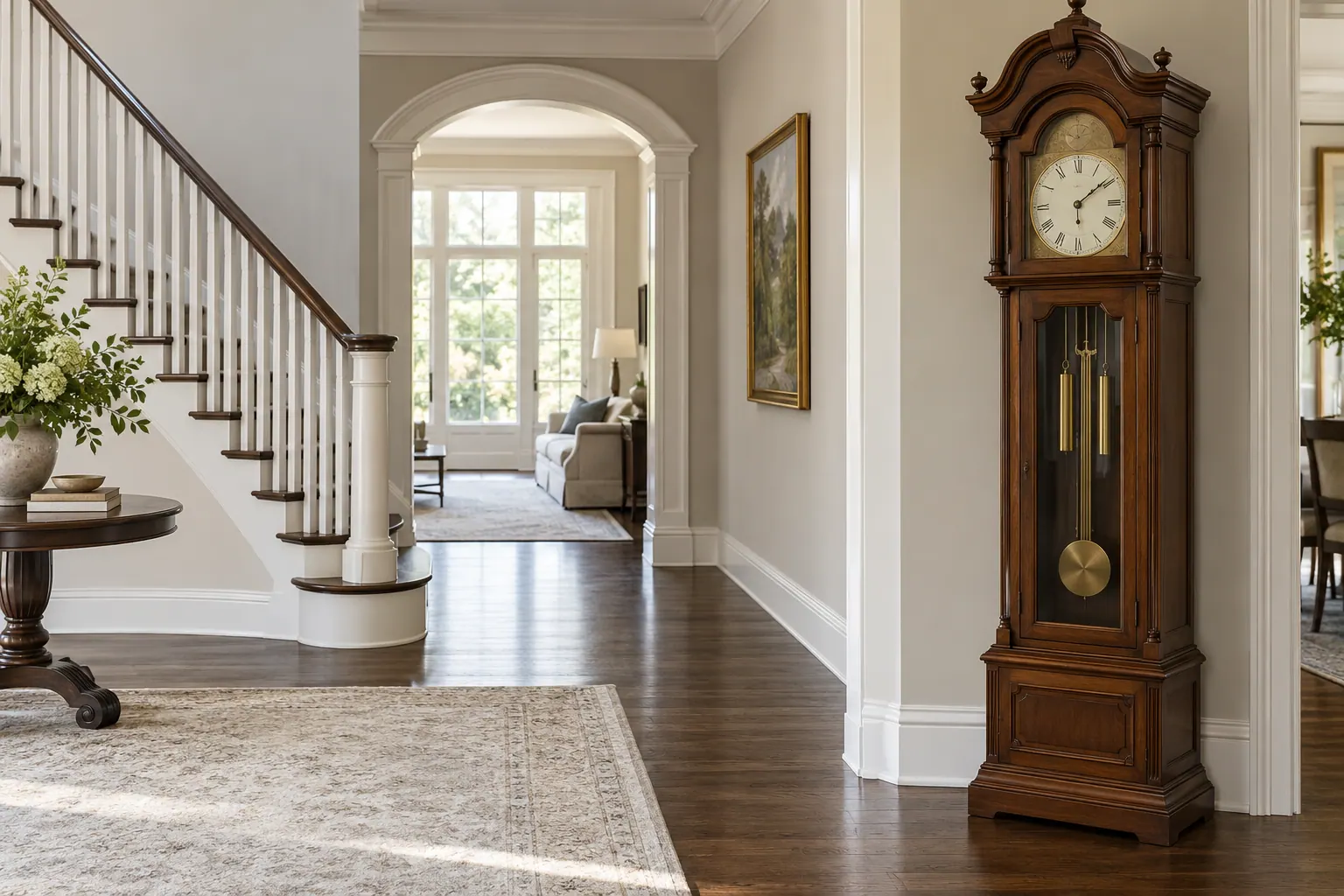 Grandfather clock standing in a hallway