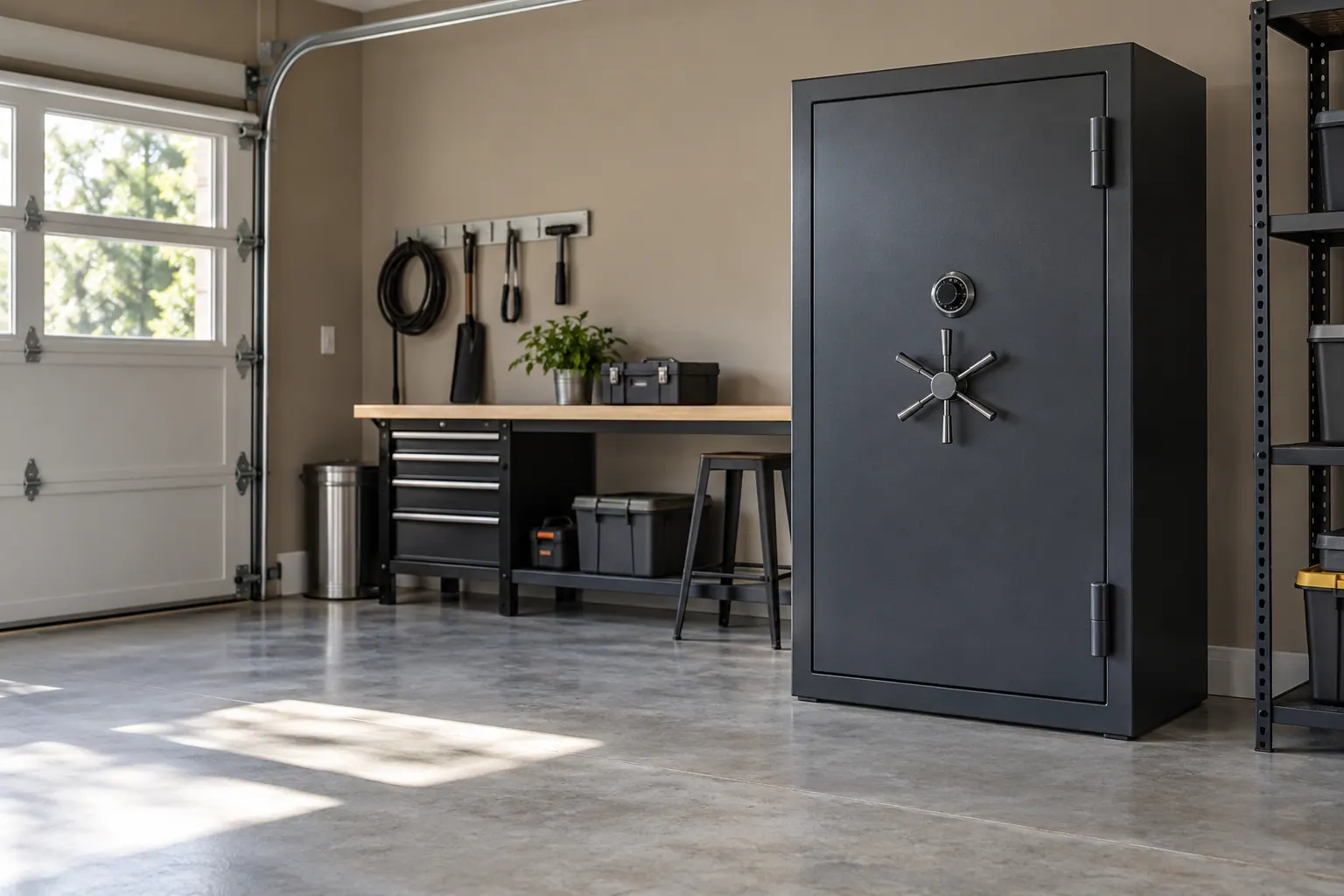Closed gun-safe cabinet in a garage