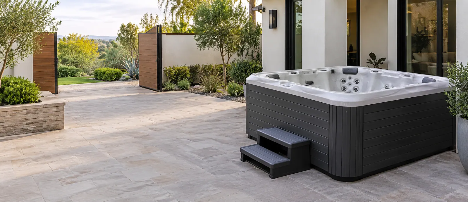 Portable hot tub on a backyard patio