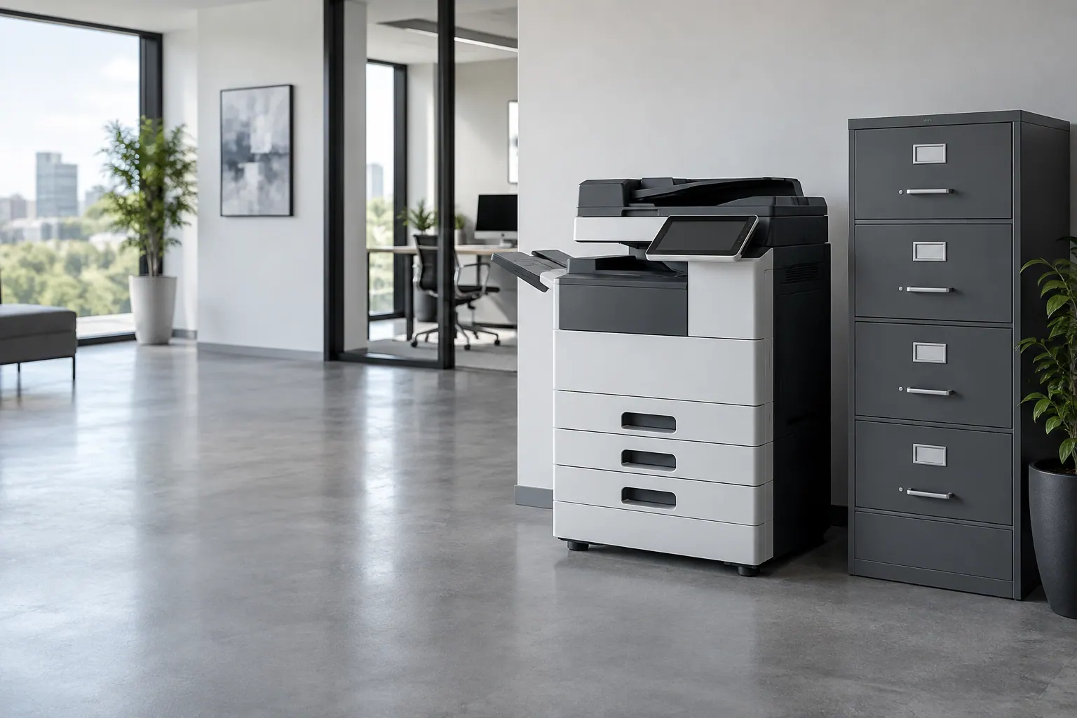 Copier and filing cabinet in an office