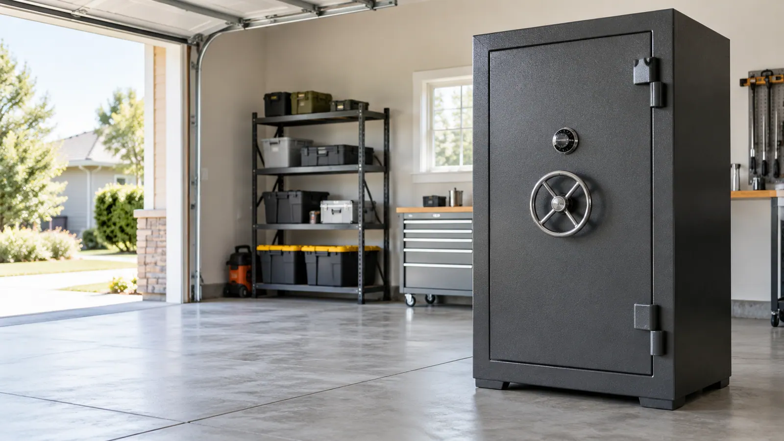 Closed steel safe on a garage floor