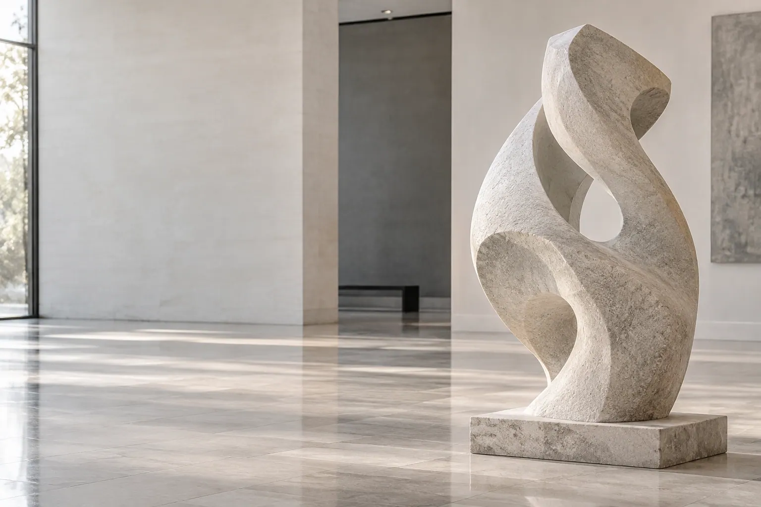 Freestanding stone sculpture in a gallery