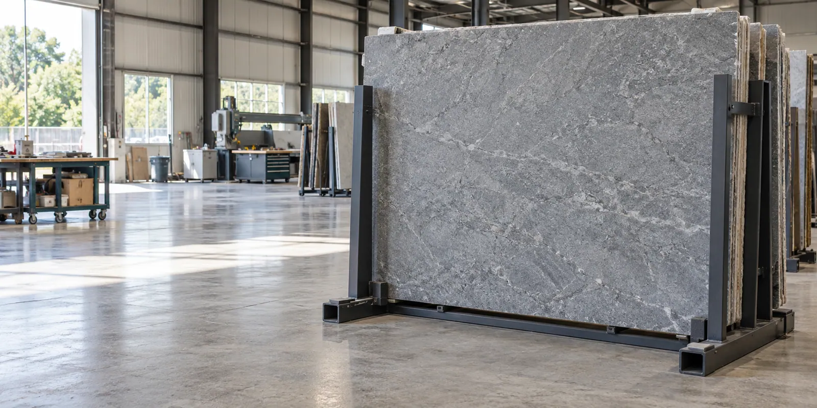 Natural-stone slab secured in a storage rack