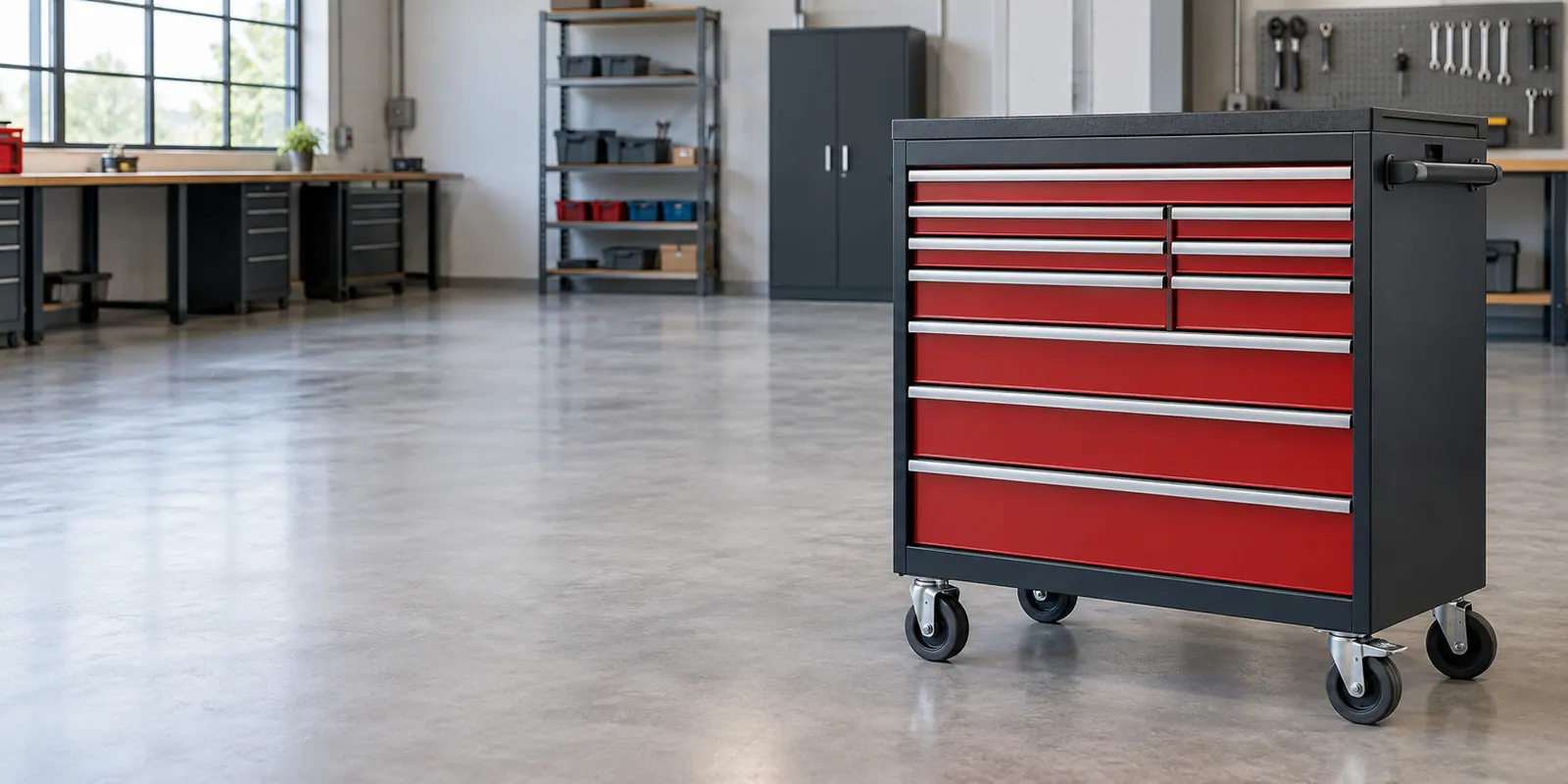 Rolling tool cabinet in a workshop