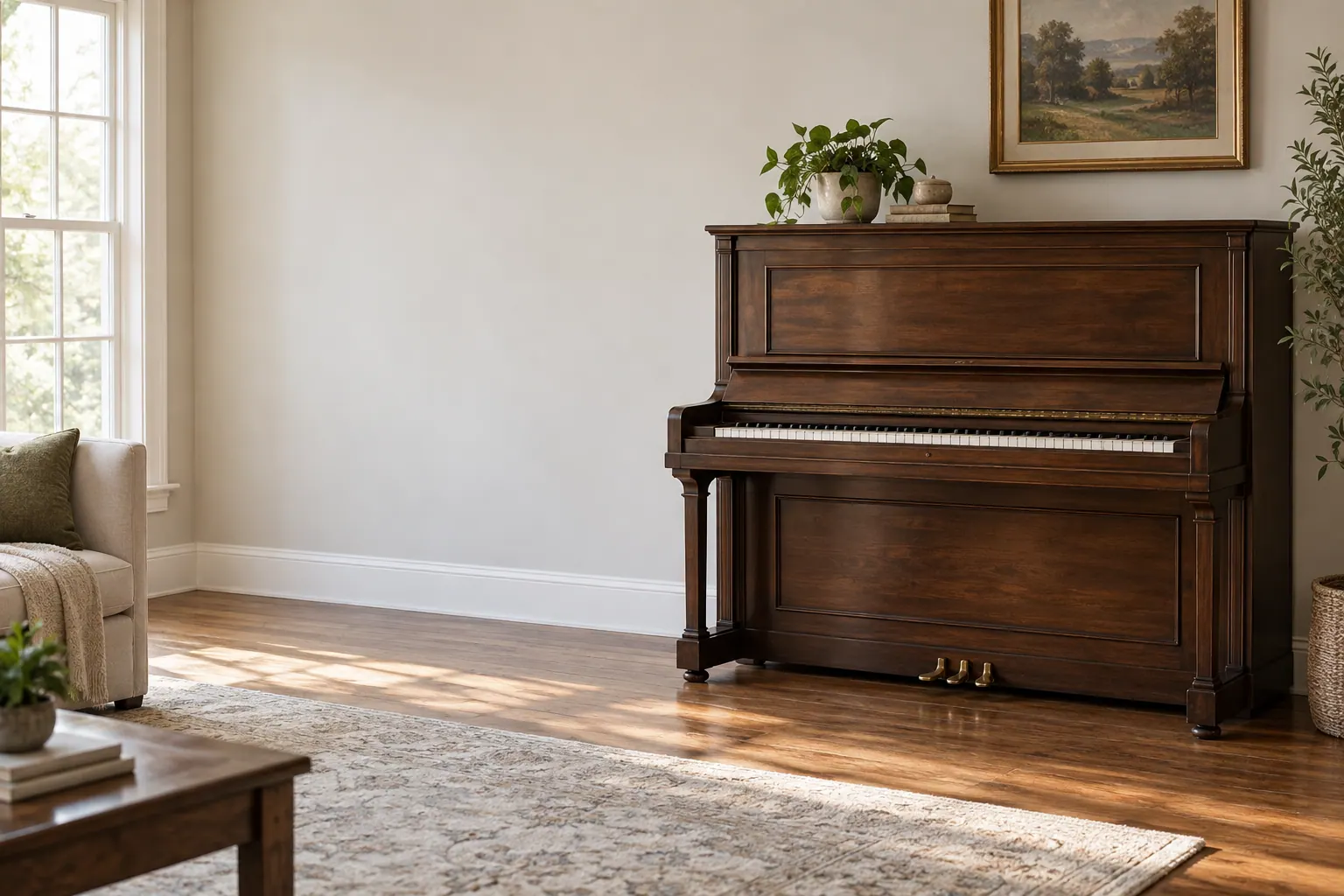 Upright piano beside a living-room wall